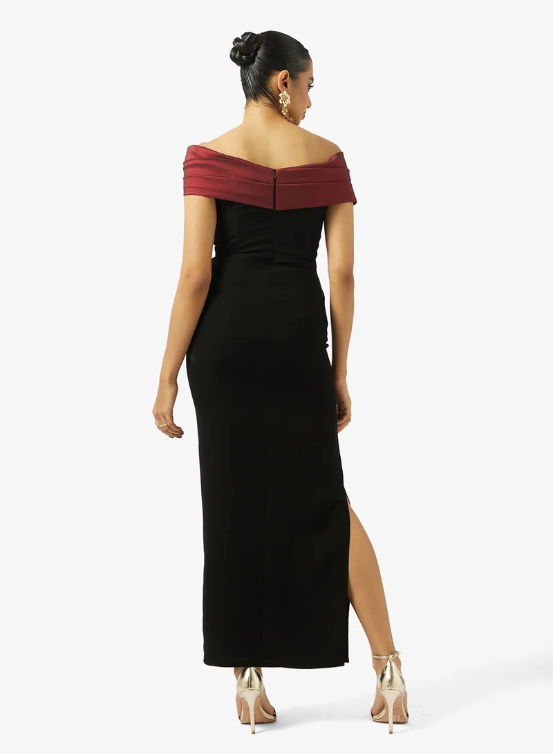 Akadia Fashion DRAPED CROSS BUST BEADED CREPE DRESS